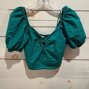 Sim & Sam ruched cropped Teal Puff Sleeve Top, size small, EUC, summer, colorful
